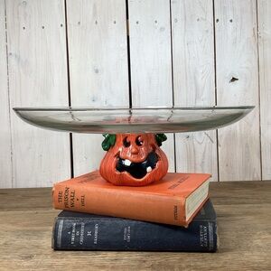Halloween 13" Glass Cake Stand with Ceramic Pumpkin Jack O Lantern Base